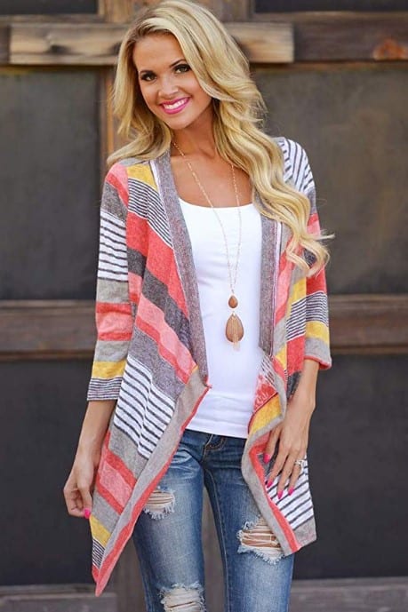 Cute Outfit Ideas 2020 Women's Floral Striped Cardigan Outfit