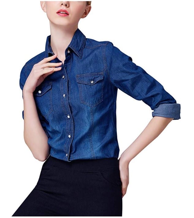 Women's Classic Long Sleeve Button Down Denim Jean Shirt