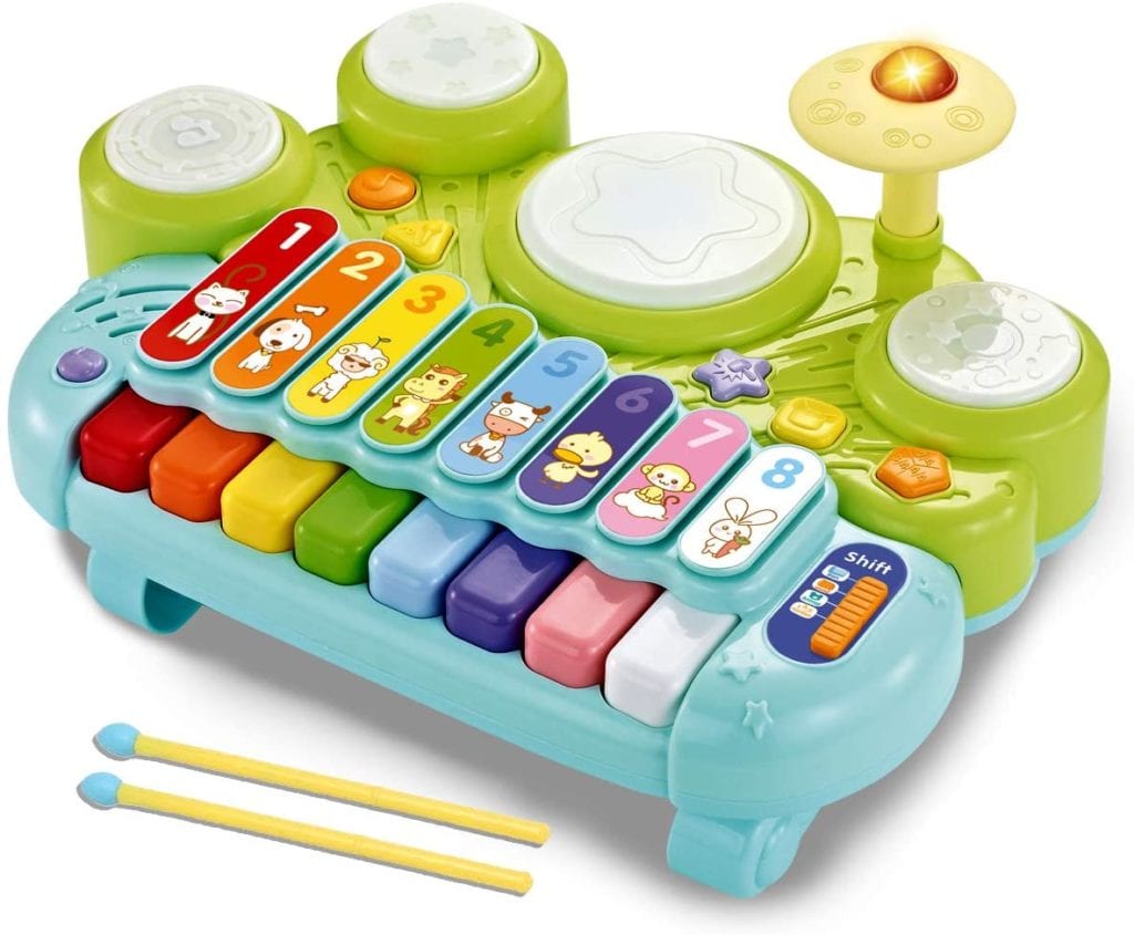 isca 3 in 1 Musical Instruments Toys, Electronic Piano Keyboard Xylophone Drum Set - Learning Toys with Lights for Baby & Toddler 1 2 3 Year Old Boys and Girls